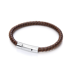 Gents Brown Leather Bracelet With Steel Circular Clasp