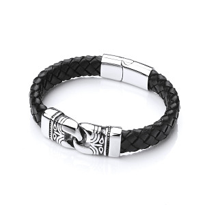 Gents Brown Leather Plait Bracelet With Fancy Steel Clasp