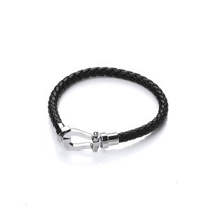 Gents Stainless Steel & Black Leather Plait Buckle Bracelet