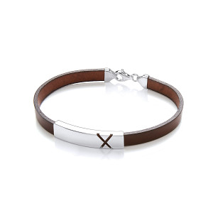 Gents Brown Leather Bracelet With 'X' Silver Design Plate