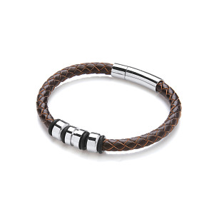 Gents Stainless Steel Brown Leather Magnetic Bracelet