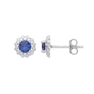 Silver CZ & Sapphire Stud Earrings
