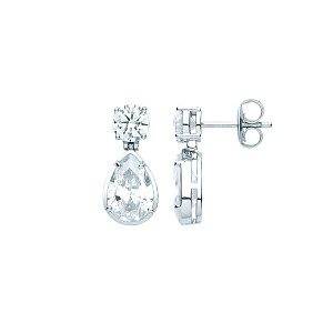 Silver CZ Round & Pear Shape Drop Earrings