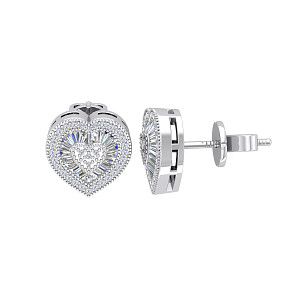 Silver PT Plate CZ Heart Baguette Stud Earrings