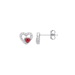 Silver CZ & Garnet Heart Stud Earrings