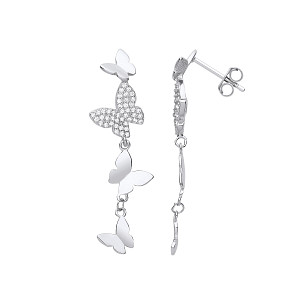 Silver CZ & Polished Multiple Butterfly Drop Earrings