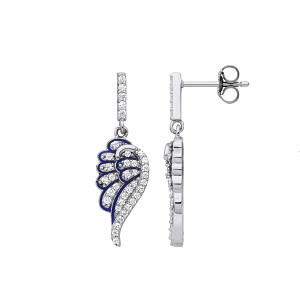 Silver CZ Angel Wings Drop Earrings
