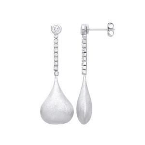 Silver CZ Fancy Satin Finsh Drop Earrings