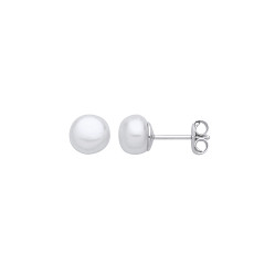 Silver Earrings with 7 - 7.5mm White Button Shape Fresh Water Pearl
