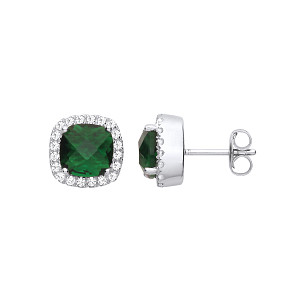 Silver CZ & Aquamarine Cushion Cut Fancy Stud Earrings