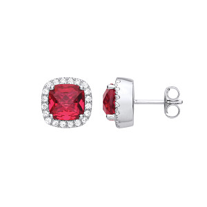Silver CZ & Ruby Cushion Cut Fancy Stud Earrings