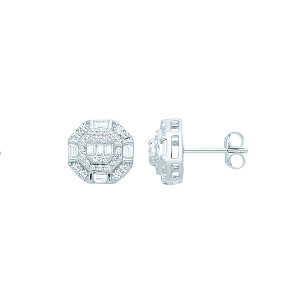 Silver CZ Fancy Round & Baguette Stud Earrings