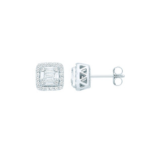 Silver CZ Fancy Square Baguette Stud Earrings