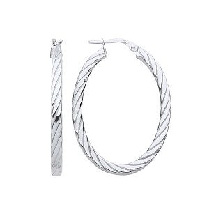 Silver Oval Flat Twisted Hoop Earrings