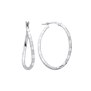 Silver Diamond Cut Swirl Twist Oval Hoop Earrings