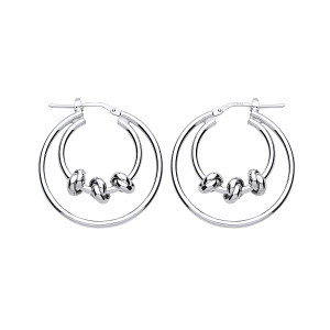 Silver Double Hoop Earrings With Trio Circle Link Feature