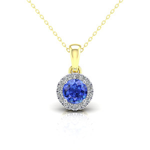 9CT Y/G CZ Cluster Pendant With Round Sapphire Stone Centre