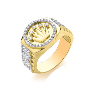 9ct Gold CZ Gents Rolex Style Crown Ring