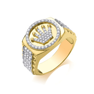 9ct Gold CZ Gents Rolex Style Crown Ring
