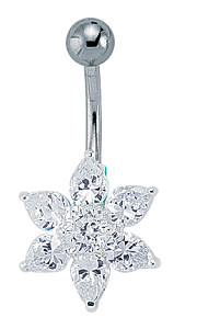925 Sterling Silver CZ Flower Naval Bar with Stainless Steel Banana Pin
