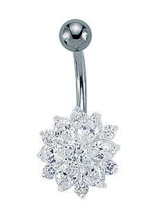 925 Sterling Silver CZ Cluster Naval Bar with Stainless Steel Banana Pin