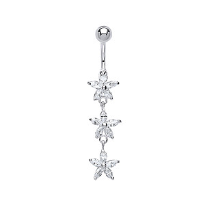 925 Sterling Silver Cubic Zirconia Flower Drop Navel Bar