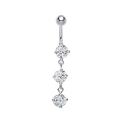 925 Sterling Silver Cubic Zirconia 3 Round Stone Drop Navel Bar