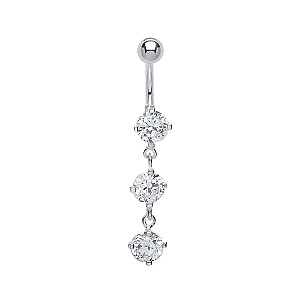925 Sterling Silver Cubic Zirconia 3 Round Stone Drop Navel Bar