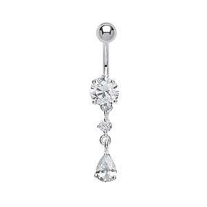 925 Sterling Silver Cubic Zirconia Round & Pear Drop Navel Bar