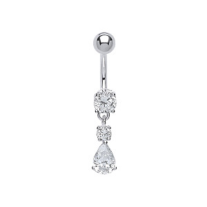 925 Sterling Silver Cubic Zirconia Round & Pear Drop Navel Bar