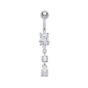 925 Sterling Silver Cubic Zirconia Square & Round Stone Drop Navel Bar