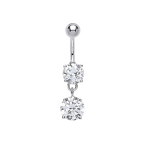 925 Sterling Silver Cubic Zirconia Round Stone Drop Navel Bar