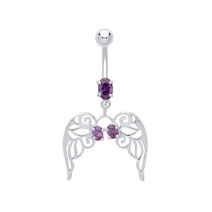 Stainless Steel Amethyst Cubic Zirconia Angel Wings Drop Navel Belly Bar