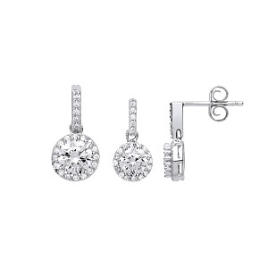 925 Sterling Silver CZ Round Fancy Drop Earrings & Pendant Set