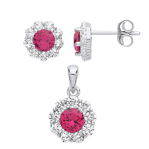 925 Sterling Silver CZ & Ruby Flower Earring & Pendant Set