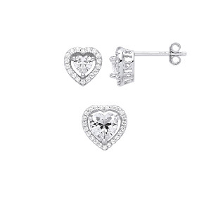 Silver CZ Heart Stud Earring & Pendant Set