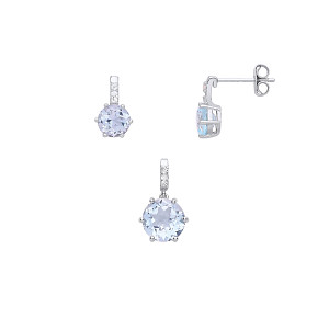 Silver Round CZ & Sky Blue Topaz Earring & Pendant Set