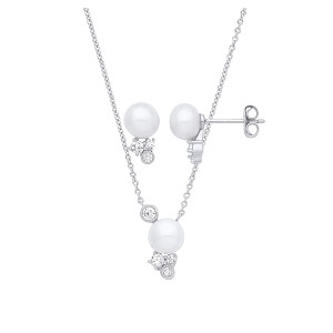 Silver Freshwater Pearl & CZ Earring & Pendant Necklace Set