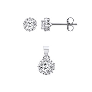 Silver CZ Round Stud Earrings & Pendant Set