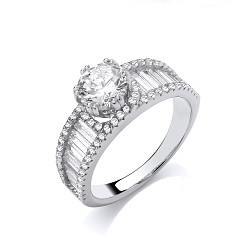 Silver CZ Baguette & Round Solitaire Ring