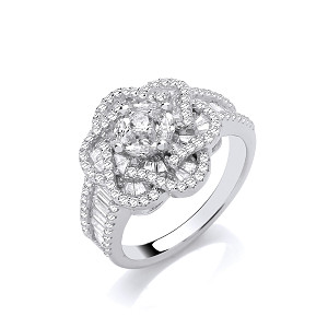 Silver CZ Baguette Cut Flower Cluster Ring