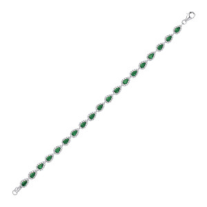 925 Sterling Silver CZ & Emerald Pear Shaped Link Tennis Bracelet