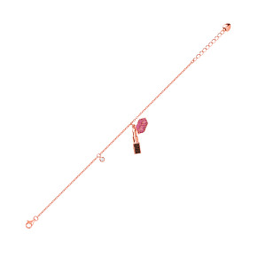 Rose Gold Plated Ruby CZ Lips & Black Crystal Lipstick Charm Bracelet