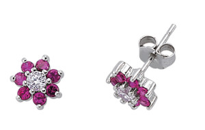925 Sterling Silver CZ Ruby & White Cluster Studs