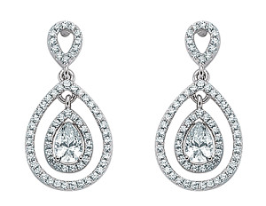 925 Sterling Silver Cubic Zirconia Pear Shape Double Halo Dangle Earrings