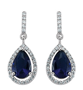 925 Sterling Silver CZ Sapphire MicroPave Border Pear Shape Drop Earrings