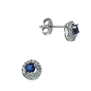 925 Sterling Silver CZ & Sapphire Round Halo Micro Pave Earrings