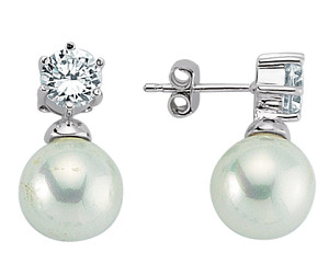 925 Sterling Silver Pearl Stud Earring with Hexagon Prong Round Cubic Zirconia Stone