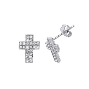 925 Sterling Silver CZ Pave Set Cross Studs