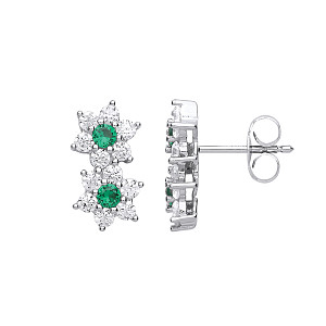 925 Sterling Silver CZ & Emerald Double Flower Stud Earrings